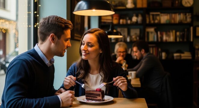 A young couple enjoying a romantic date with dessert at a cozy cafe