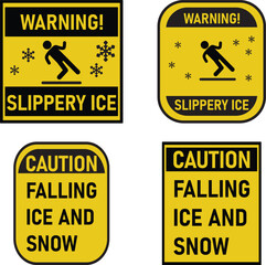 Set of Yellow Black Warning and Caution Slippery Ice Falling Ice and Snow Safety Sign Collection, Hazard Weather Alert Icons for Winter Risk Prevention