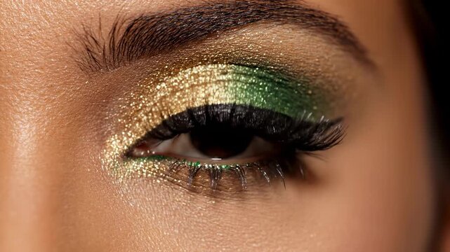 Stunning Eye Makeup - A Close-Up of Green and Gold Eyeshadow.