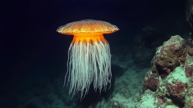 A bioluminescent jellyfish with a bell shape and trailing tentacles floats in the deep, dark ocean