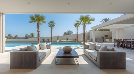 Fototapeta premium Modern luxury outdoor swimming pool with lounge furniture and palm trees in sunny resort villa