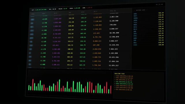 Animated computer screen displaying business data visualization and charts in 3D animation