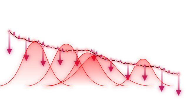 PNG image of&nbsp;Abstract visualization of financial market decline featuring a descending trend line with superimposed Gaussian curves and dramatic downward arrows on transparent background