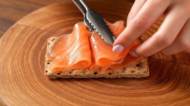 A person is preparing smoked salmon on a crispbread with a black-tined fork, neatly arranging thin slices on a round wooden surface in a step-by-step process.