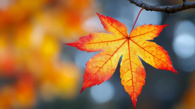 A vibrant, autumn-hued maple leaf, showcasing a striking gradient of yellow, orange, and red