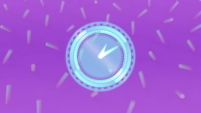 Animation of digital clock in circles over 3d abstract shapes against purple background