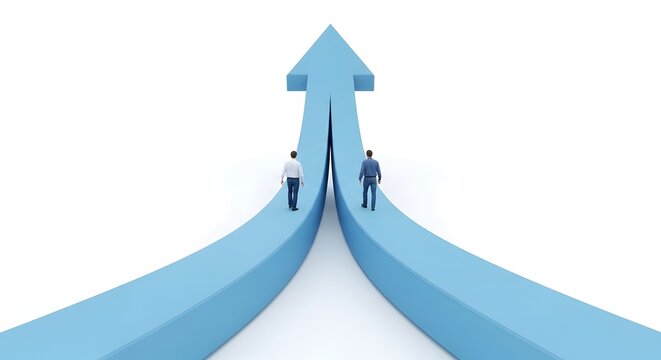 Perspective view of two professional men walking along converging blue arrow paths towards single point of success and unity in minimalist white studio setting