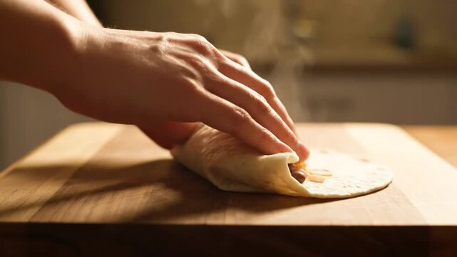 A person is preparing to bake by filling dough with ingredients, folding it into a pastry, and shaping it on a wooden surface, with steam rising as it bakes.