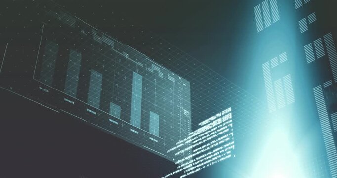 Animation of graphs and loading bars over lens flare against black background
