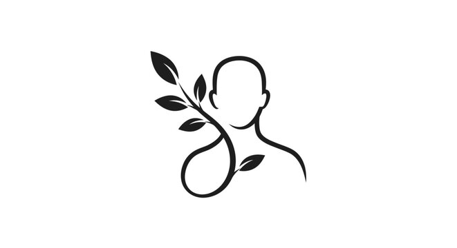 Abstract Human Head Profile with Leaf Branch, Symbolizing Environmental Health, Wellness, and Personal Growth on Isolated White Background.