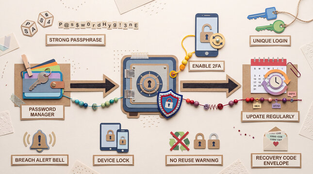 Password Hygiene Workflow Infographic, Handmade Paper Cut Craft Flat Lay, Password Manager To Two-Factor Authentication To Regular Update, Cybersecurity Training Diagram.