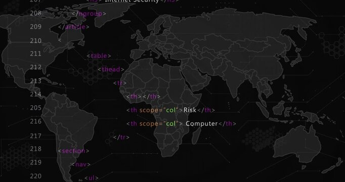 Animation of multicolored computer language and map over black background