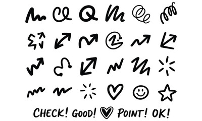 Fototapeta premium Collection of hand drawn symbols and gestures illustrating various expressions and actions with simple doodles and arrows conveying movement and emotions in a minimalist style.