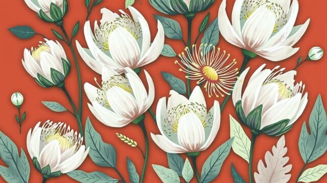 Petals gently sway, leaves unfurl, a subtle breeze rustles the flower art on the red background