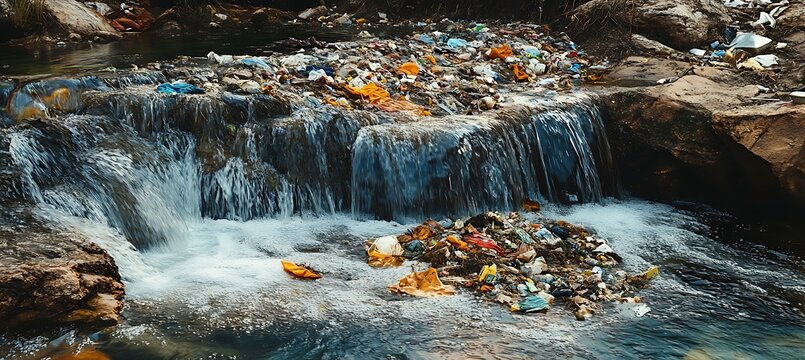 A polluted waterfall with trash and debris scattered throughout the water and surrounding rocks