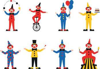 Flat Vector Set of Circus Clown Characters Featuring Juggling, Unicycling, Magic Tricks, and Balloons for Kids' Birthday Parties, Carnival Events, and Entertainment Graphic Designs © Mohammad