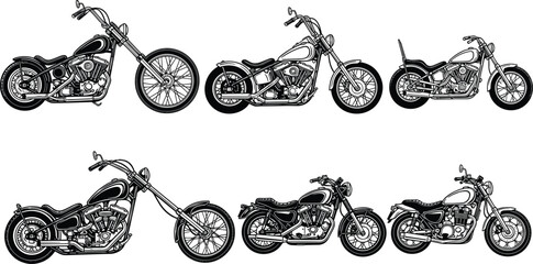 Collection of Custom Chopper and Cruiser Motorcycles Vector Illustration Set in Detailed Black and White Side View Style © MstMorshida