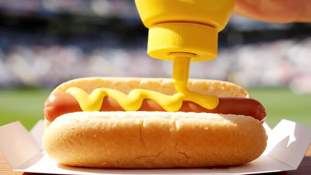 A hot dog in a bun is being topped with mustard from a squeeze bottle, with a background of a sunny field or stadium. The mustard is applied in zigzag pattern.