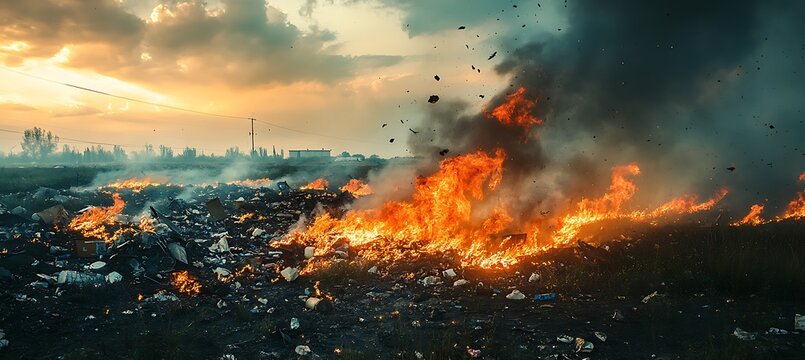 A large fire burns in a landfill with smoke and flames rising into the sky at sunset