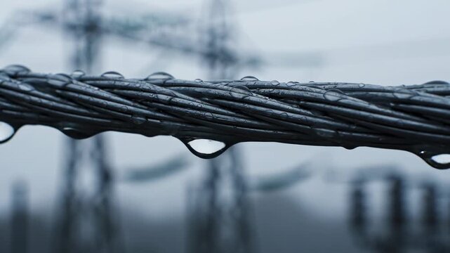 Close-up of a wet cable with water droplets in the rain.