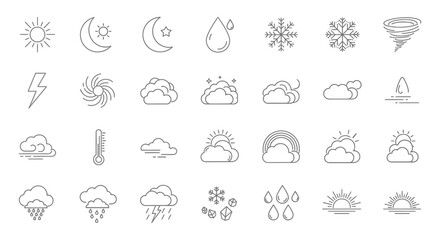 Naklejka premium minimal line art weather icons illustrating various climate conditions and meteorological phenomena for forecasts.
