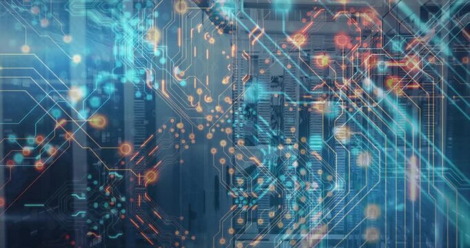 Animation of digital circuit patterns overlaying server racks in data center