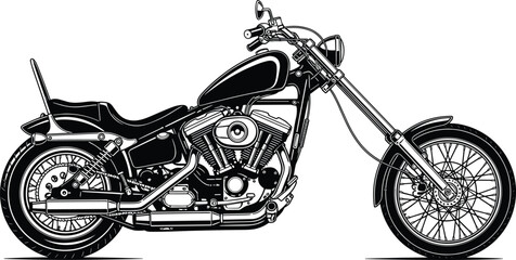 Vintage Custom Chopper Motorcycle Vector Illustration, Black and White Classic Cruiser Bike with Detailed Engine and Extended Fork © MstMorshida