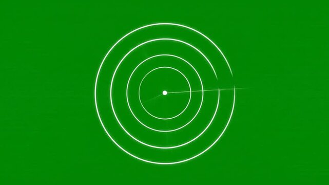 A white graphic design element featuring concentric circles with a dot at the center on a solid green background with a white lower section.