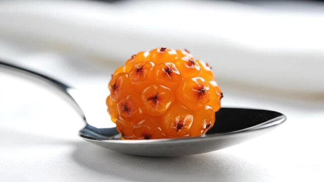 Sequential images show an orange, spiky hedgehog ball with black spots placed on a sleek silver spoon against a white background, captured in motion across frames.