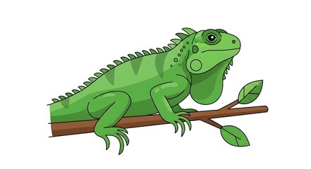 Obraz premium Vibrant green chameleon perched on branch with leaves