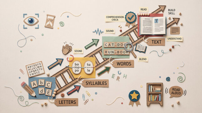 Reading Skill Development Infographic, Handmade Paper Cut Craft Flat Lay, Letter Syllable Word Text Learning Ladder Diagram For Education.