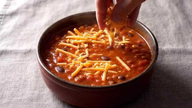 A person sprinkling shredded cheese into a bowl of chili or beans stew on a gray fabric surface, with multiple frames showing the process of adding cheese.
