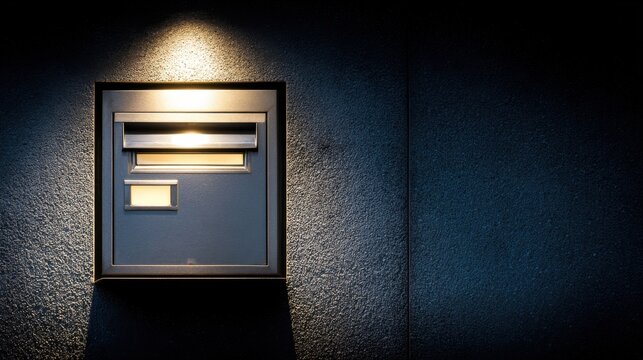 A secure dropbox on a wall illuminated by a focused light