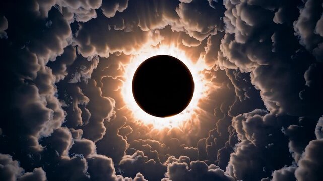 Eclipse obscures sun with corona as dark disk casts shadow across dramatic cloud ring in deep sky forming celestial solar spectacle for astronomy showing glowing halo and sun rim around black disk