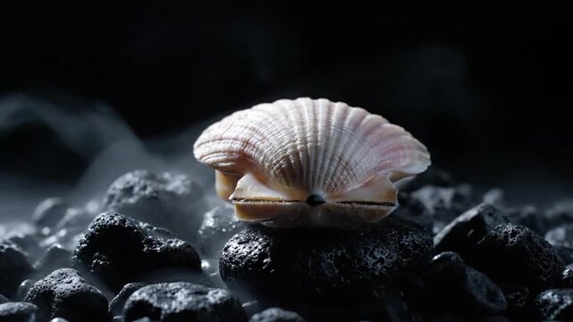 A seashell rests on wet black rocks, surrounded by wisps of smoke or steam, with soft lighting highlighting its textured surface against a dark background. The scene is calm and mysterious.