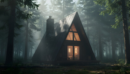Fototapeta premium A-frame cabin in misty pine forest