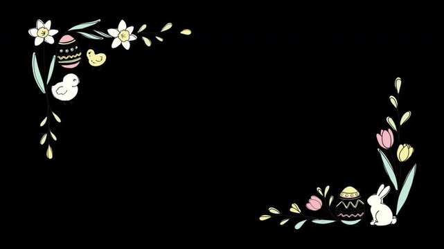 Animated Easter floral frame with boiling lines effect on transparent background. Looped animation. Hand-drawn flowers, chicks, decorated eggs, a bunny. For holiday greetings, promotion. alpha channel