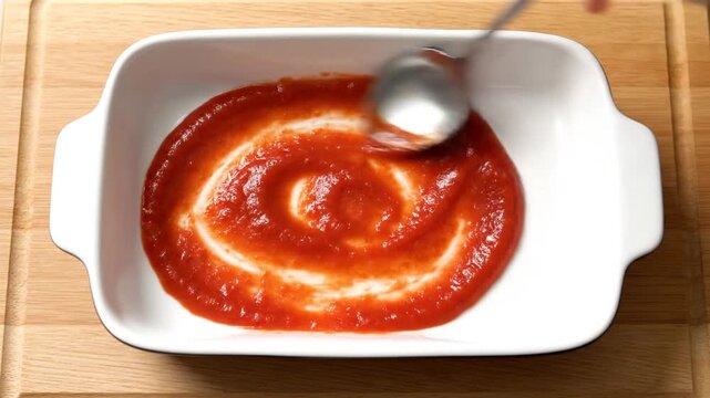 A video sequence showing ketchup being poured into a rectangular dish, spreading into a spiral pattern, creating a smooth swirl on the surface, with a hand using a spoon.