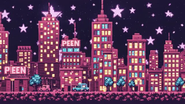 Pixelated Cityscape at Night with Stars and Buildings.