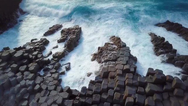 Waves crash against the Giant's Causeway's interlocking basalt columns in Northern Ireland