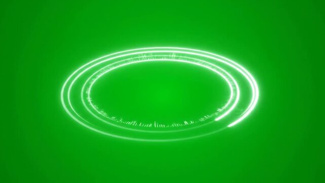 Glowing white circular neon light trails on a solid green background with a white border at the bottom.
