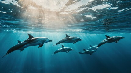 Naklejka premium Dolphins swimming underwater in formation with sunlight