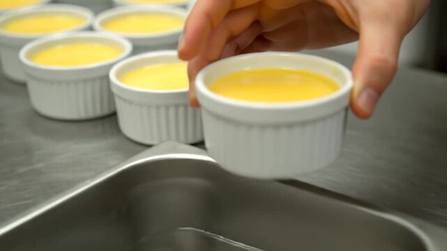 A person places white ramekins filled with yellow custard into a metal tray, arranging and positioning them carefully, likely for baking or serving.