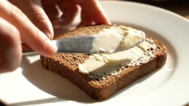 A person spreads butter on a slice of bread, gradually covering it with a creamy layer, in a sequence of steps with natural sunlight casting shadows. The process shows careful spreading, with the per