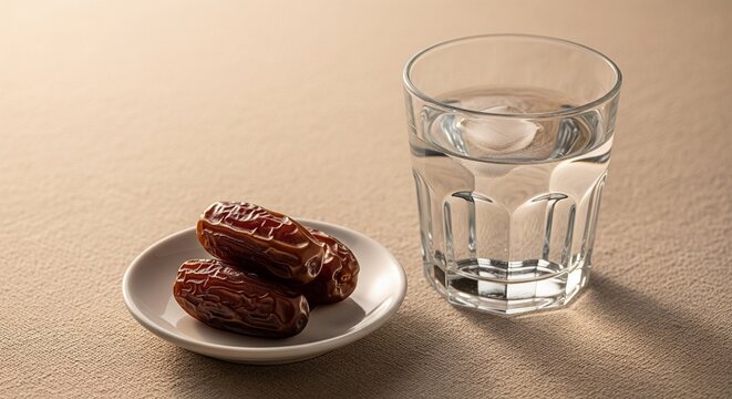 Premium Dates and Water Glass for Iftar on Linen Tablecloth