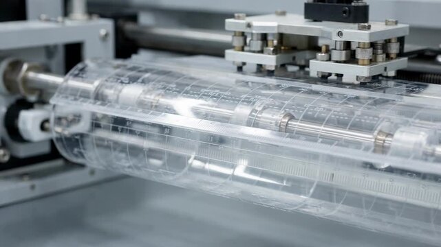 Medium shot of transparent plastic ruler being extruded and precision marked with fine measurement lines highlighting clarity and detailed manufacturing process.