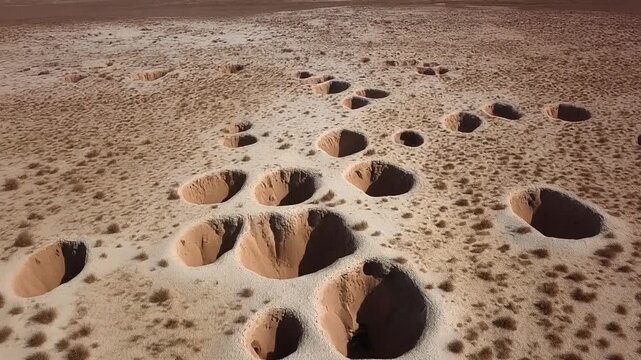 Aerial view of cratered sandy terrain with scattered holes and mounds in a desert landscape