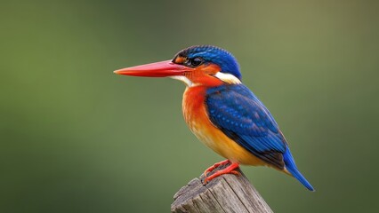 Obraz premium Vibrant, close-up shot of a colorful kingfisher perched on a weathered wooden post