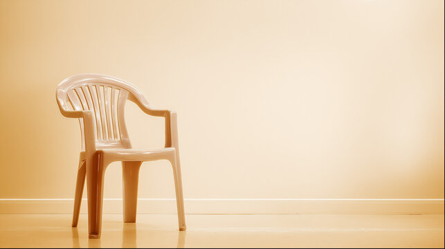 decade. Vintage pastel plastic chair in a retro 70s design, presented in a minimalist side view. lifestyle magazines.