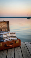 Fototapeta premium Open leather suitcase with folded shirts on wooden pier, with lake and sailboat at sunset, represents travel, leisure, and relaxed lifestyle